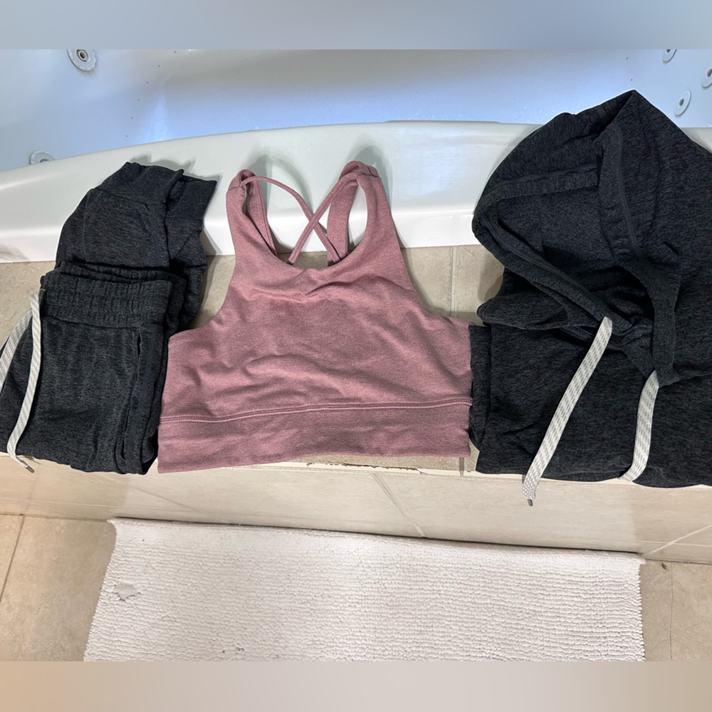 Vuori Rose Pink Sports Bra with Charcoal Hoodie & Joggers